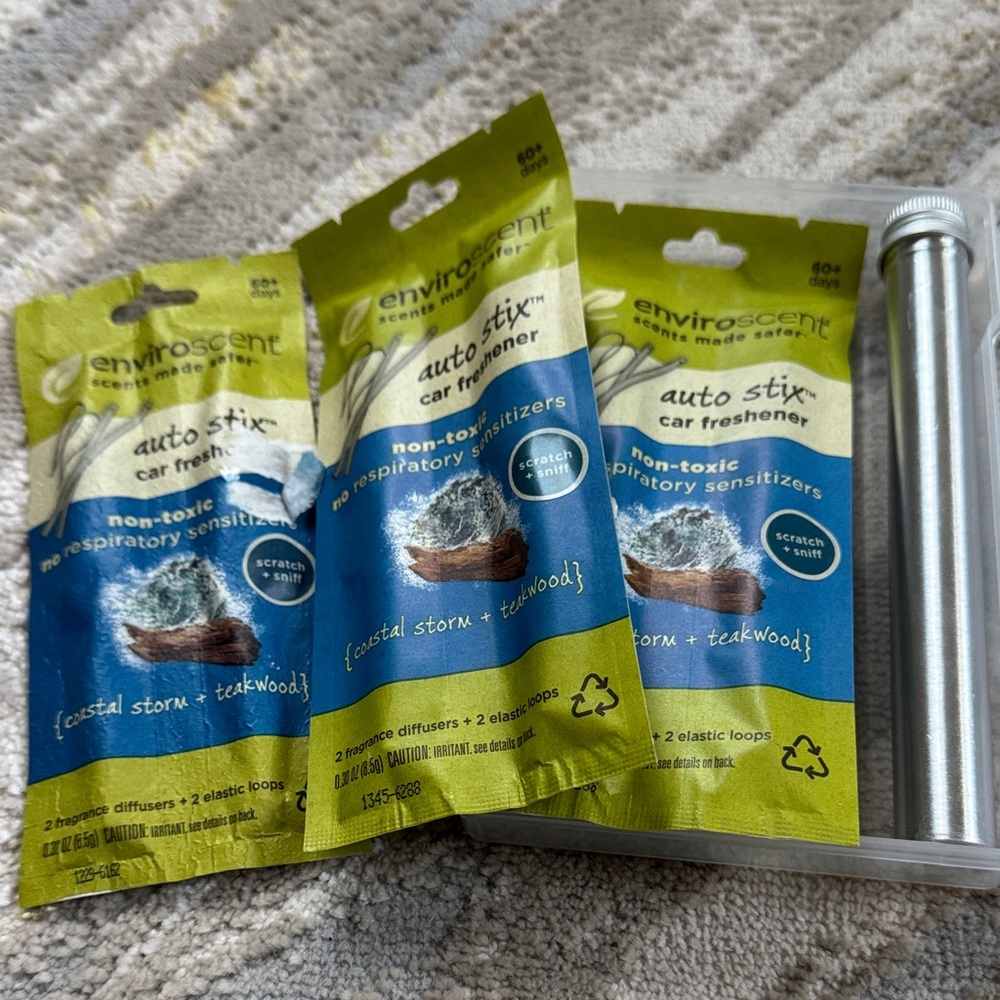 Lot 3 Enviroscent Auto Stix Car Freshener coastal storm teakwood + 1 scent stick